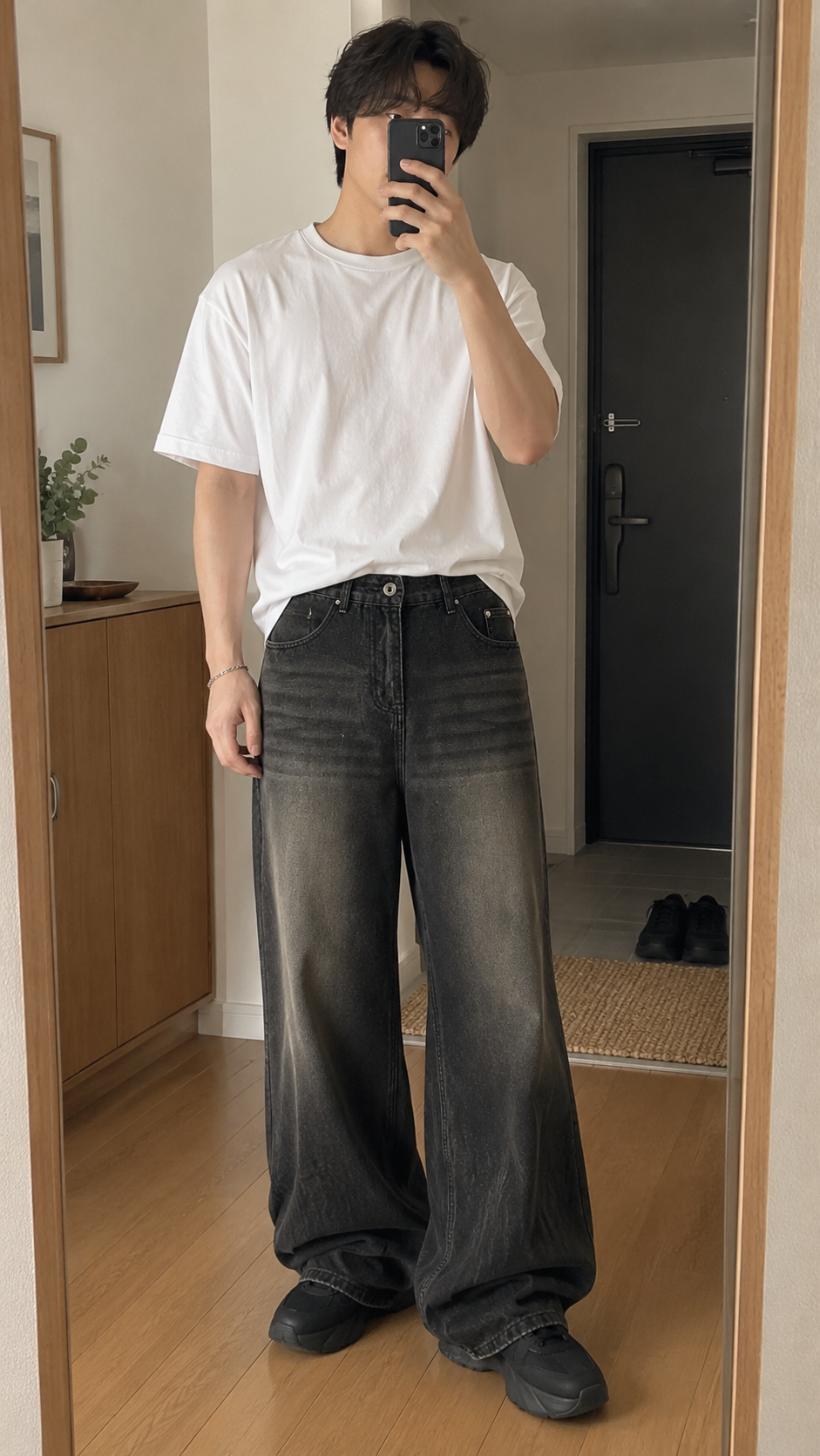 AI-styled look: Wide-Leg Faded Black Denim Jeans — entryway mirror