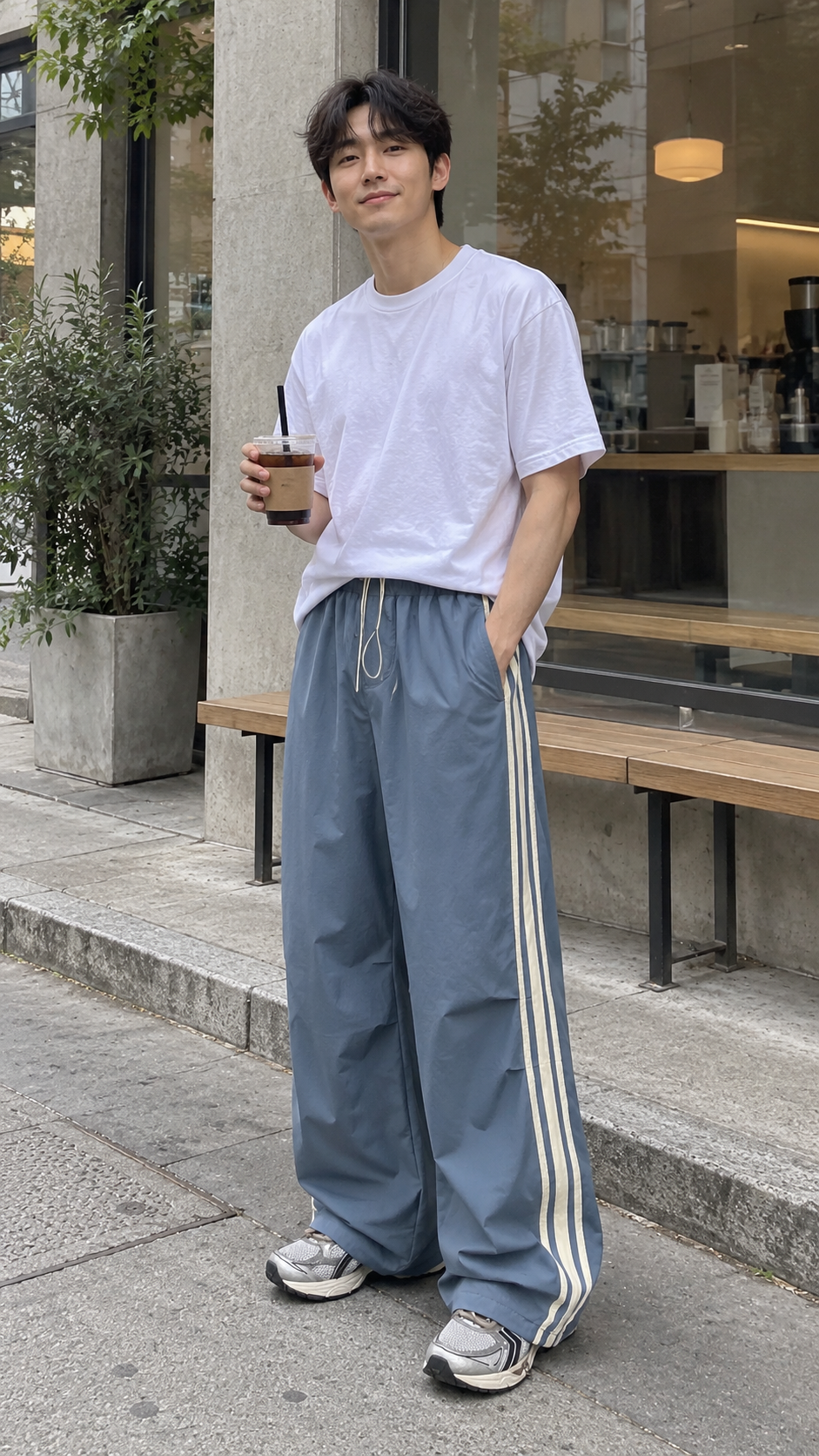 AI-styled look: Wide-Leg Triple Stripe Athletic Pants — blue, cafe sidewalk