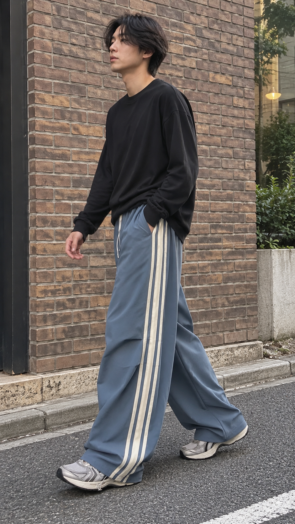 AI-styled look: Wide-Leg Triple Stripe Athletic Pants — blue, brick street walk