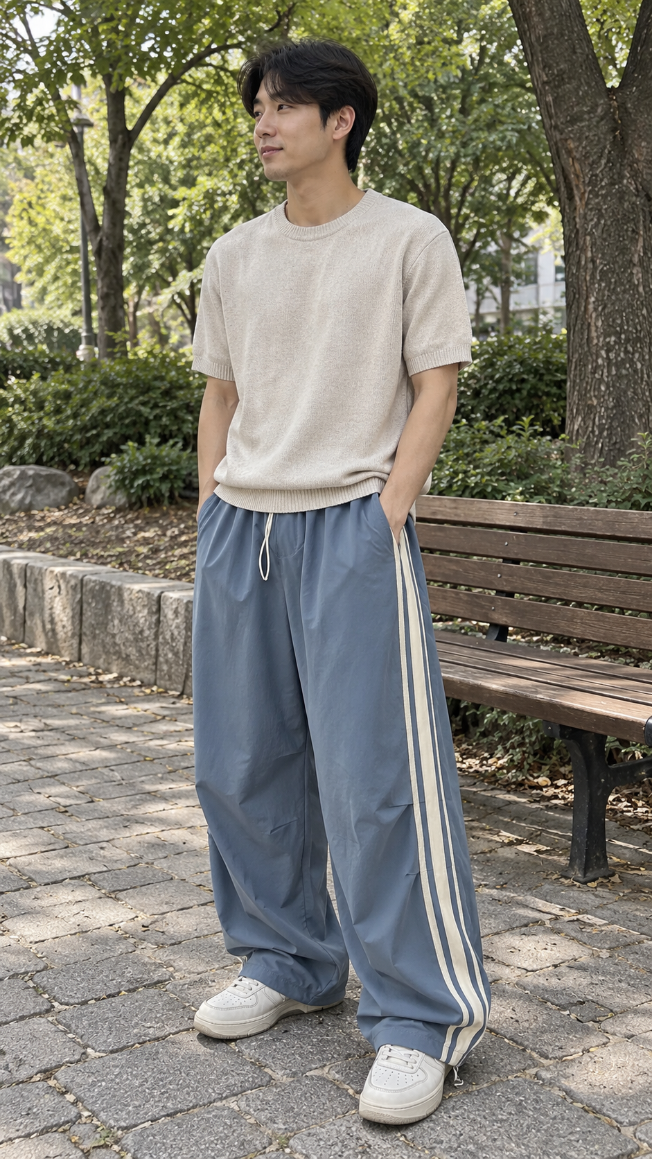 AI-styled look: Wide-Leg Triple Stripe Athletic Pants — blue, park bench