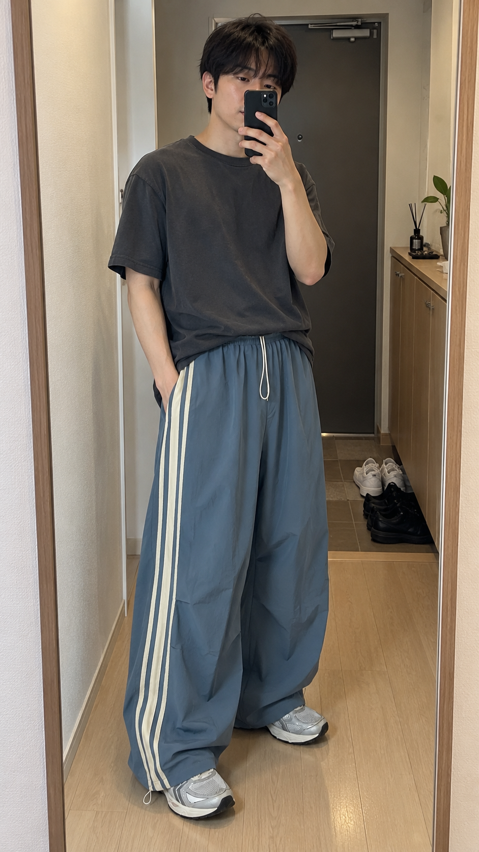 AI-styled look: Wide-Leg Triple Stripe Athletic Pants — blue, entryway mirror