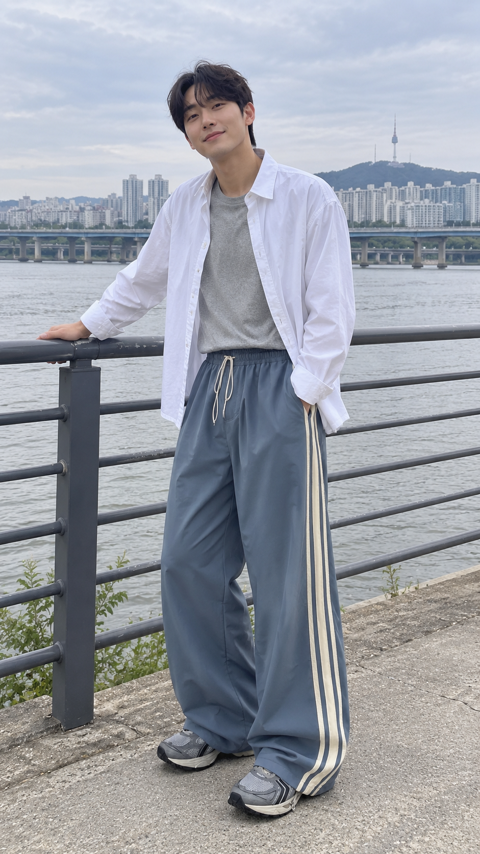 AI-styled look: Wide-Leg Triple Stripe Athletic Pants — blue, riverside stroll