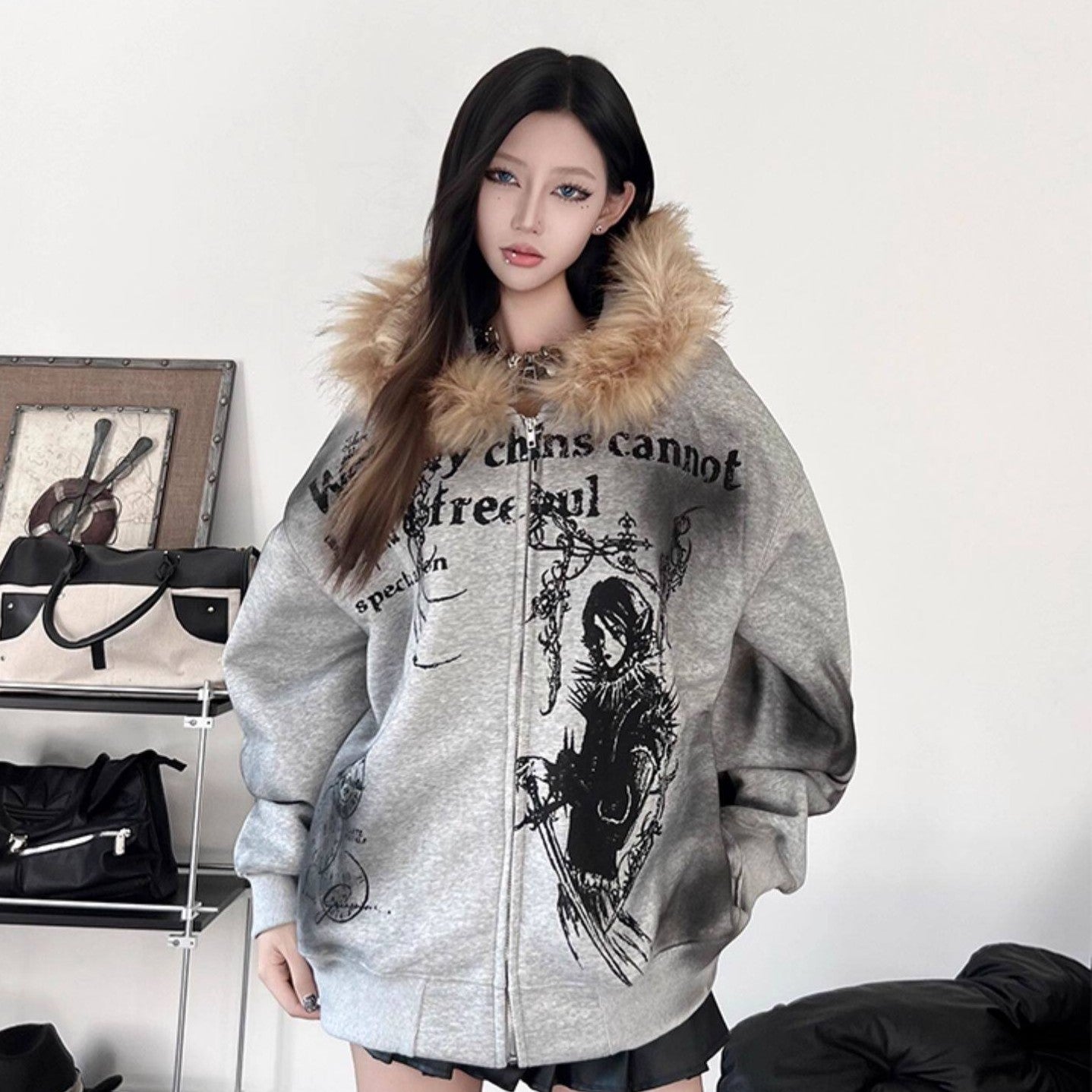 Men's Faux-Fur Collar Graphic-Print Oversized Zip-Up Hoodie
