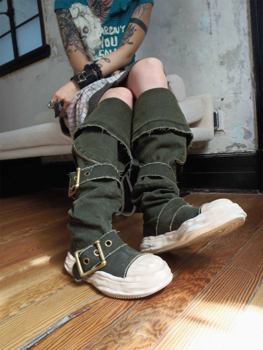 Multi-Wear Distressed Canvas Knee-High Boots - View 2