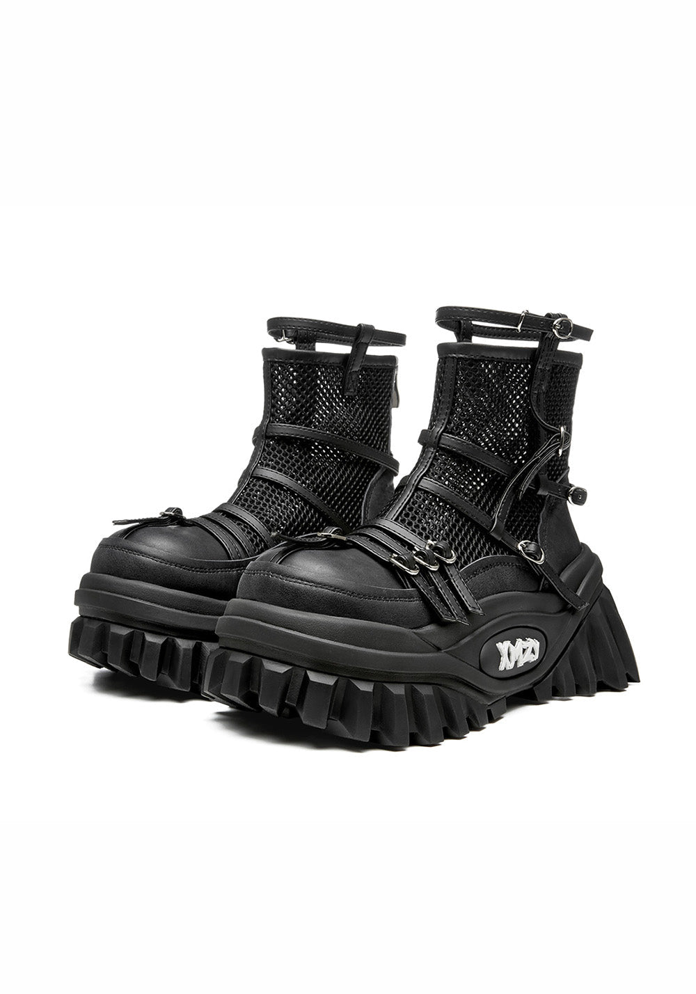 Black Mesh-Cuff Platform Combat Boots