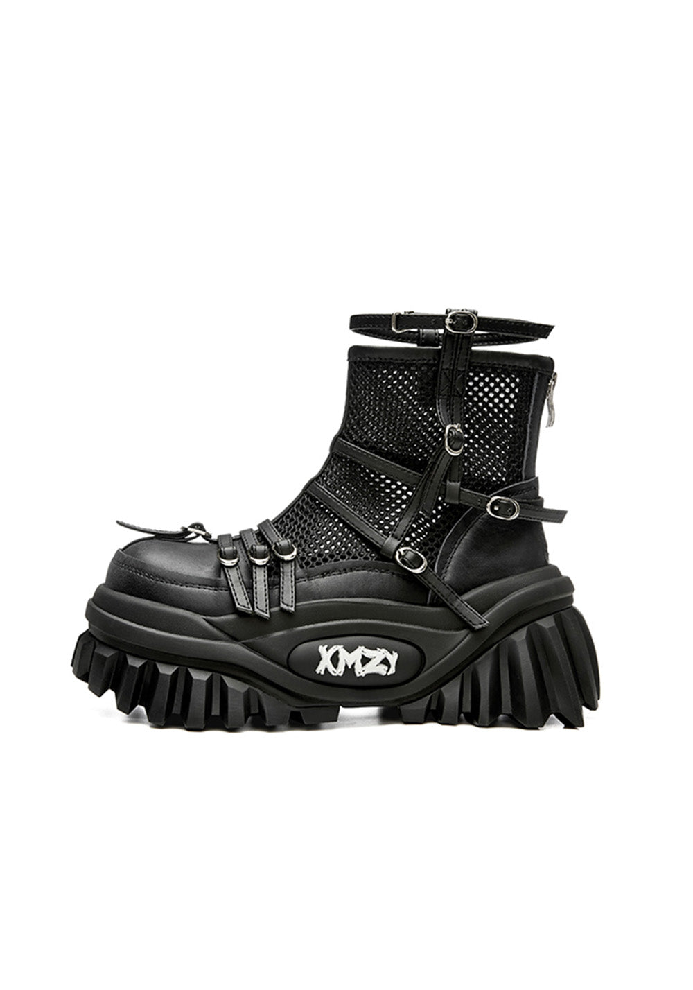 Black Mesh-Cuff Platform Combat Boots - View 5