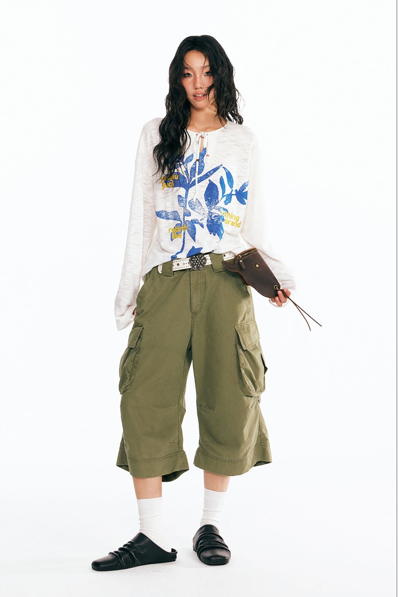 Graphic Sesame Leaves Drawstring Neck Long Sleeve Tee
