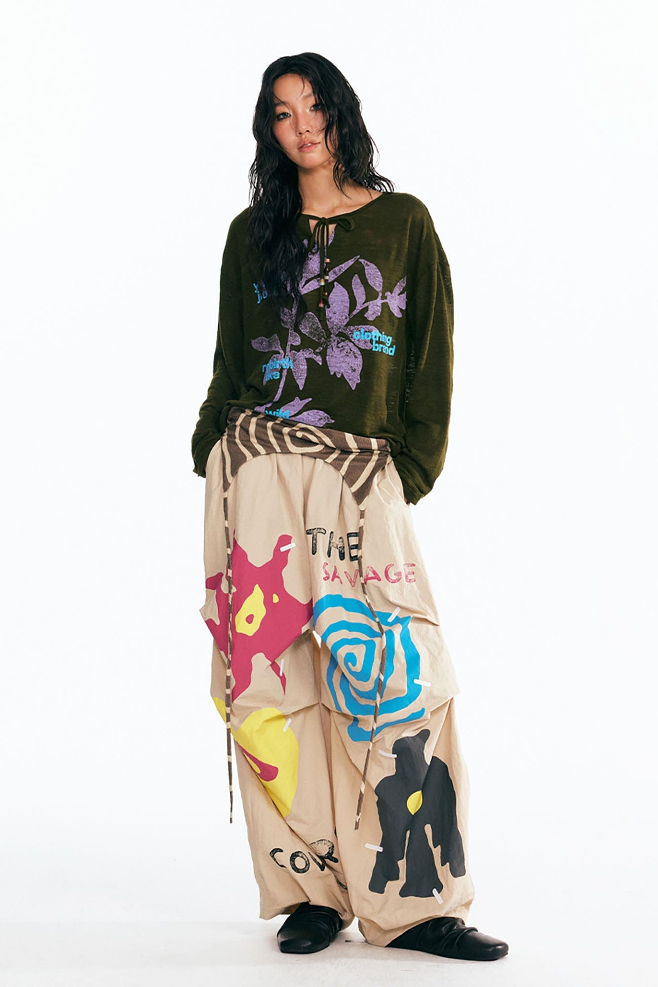 Graphic Sesame Leaves Drawstring Neck Long Sleeve Tee