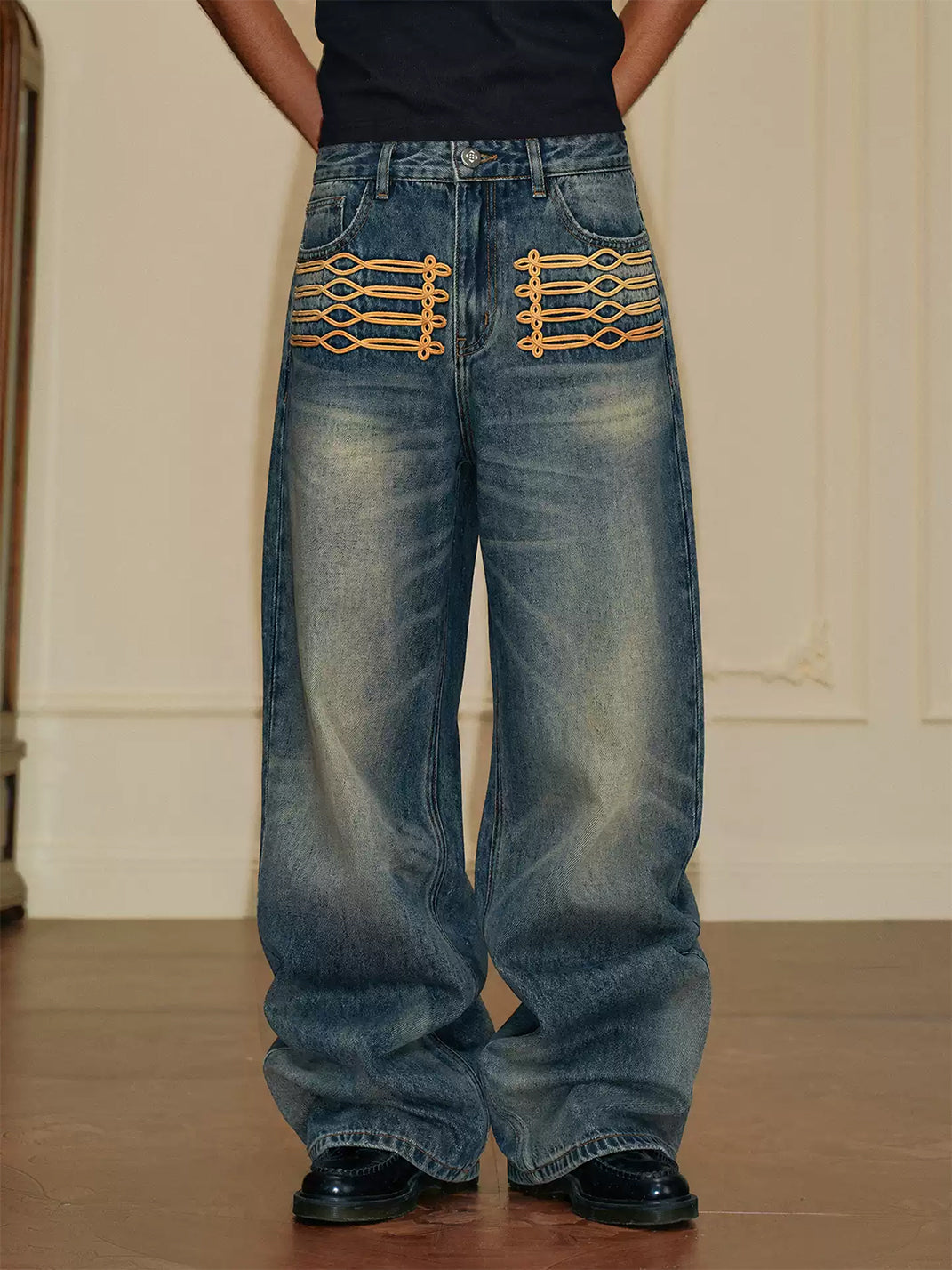 Knotted-Embroidery Whisker Jeans - View 2