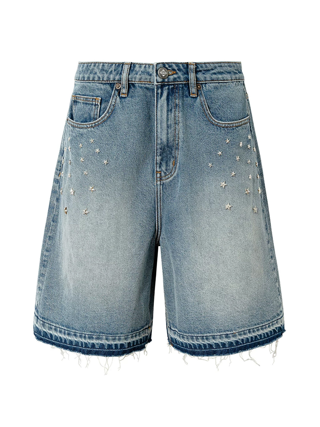 Star-Rhinestone Washed Denim Shorts