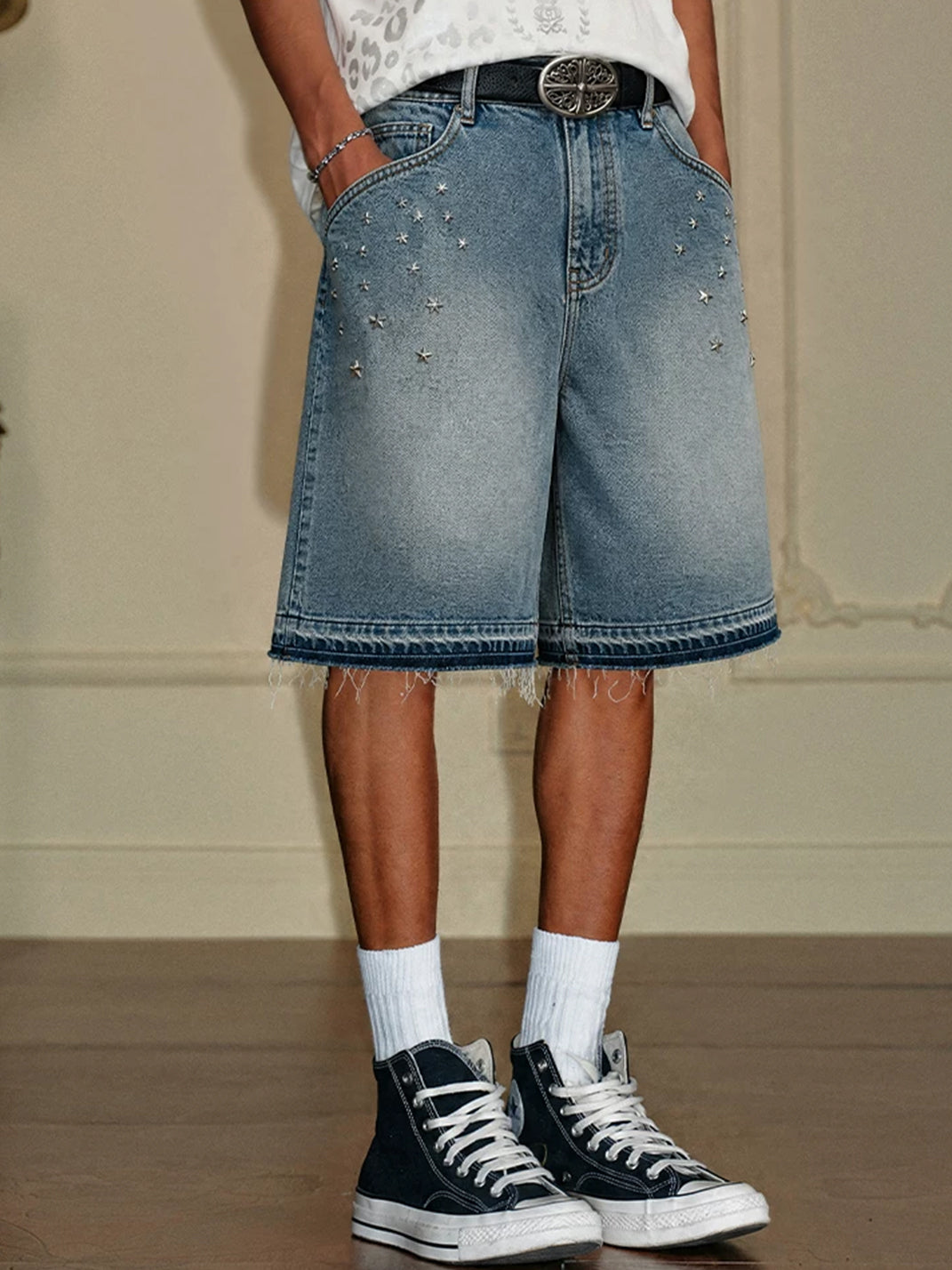 Star-Rhinestone Washed Denim Shorts - View 4