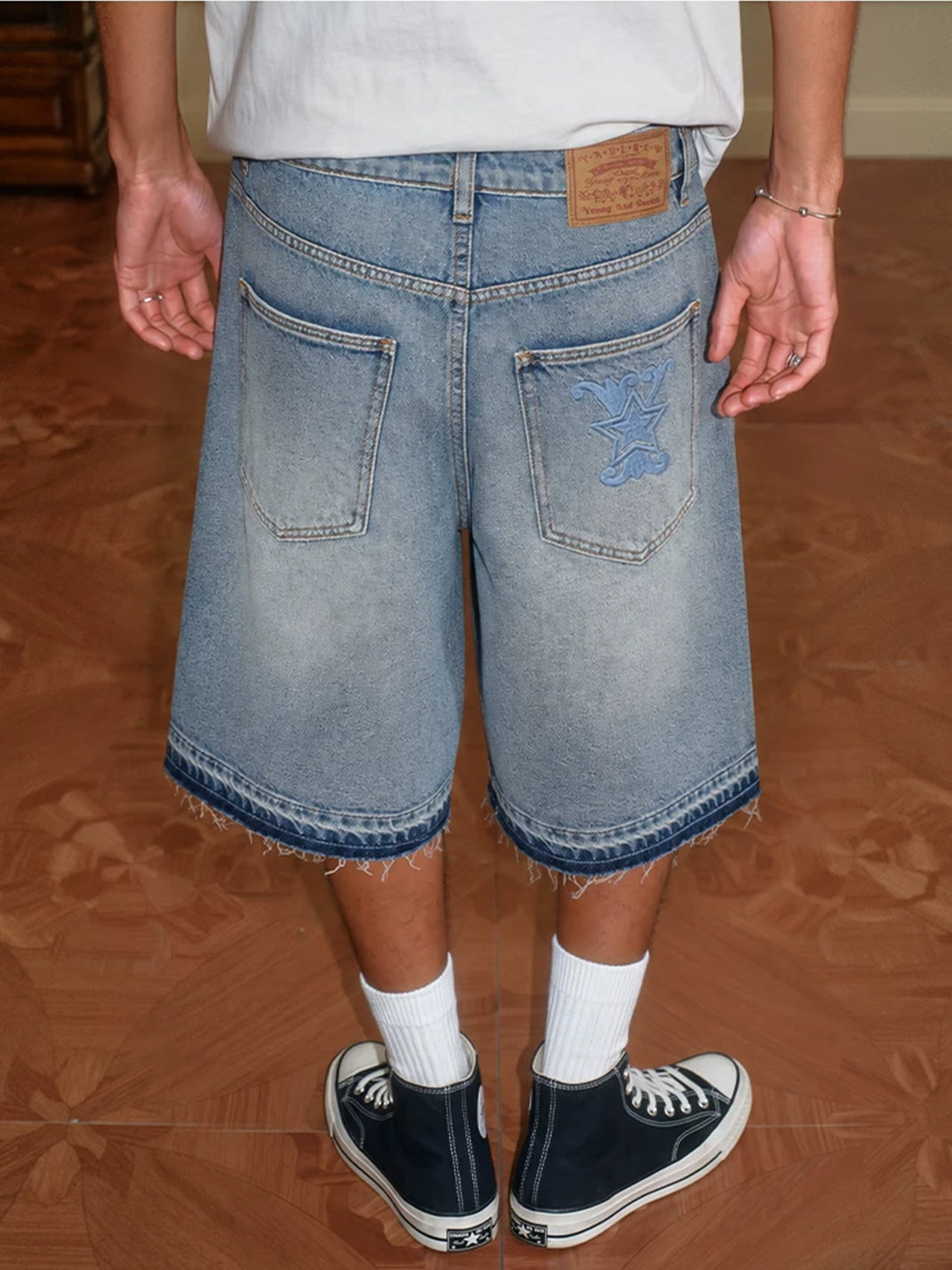 Star-Rhinestone Washed Denim Shorts - View 6