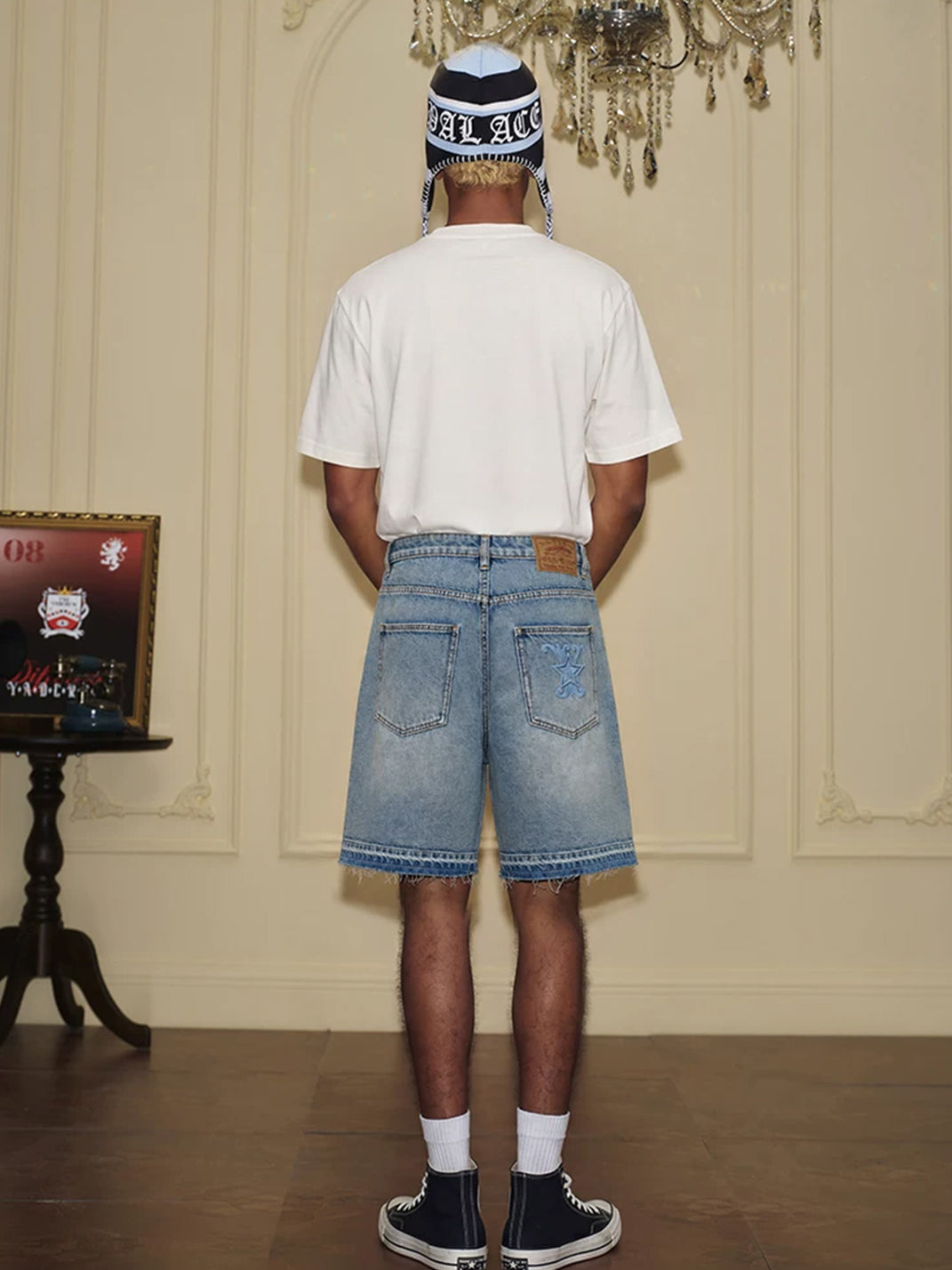 Star-Rhinestone Washed Denim Shorts - View 8