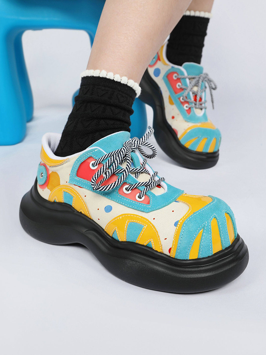 Primary-Color Graphic Platform Derby Shoes - View 8