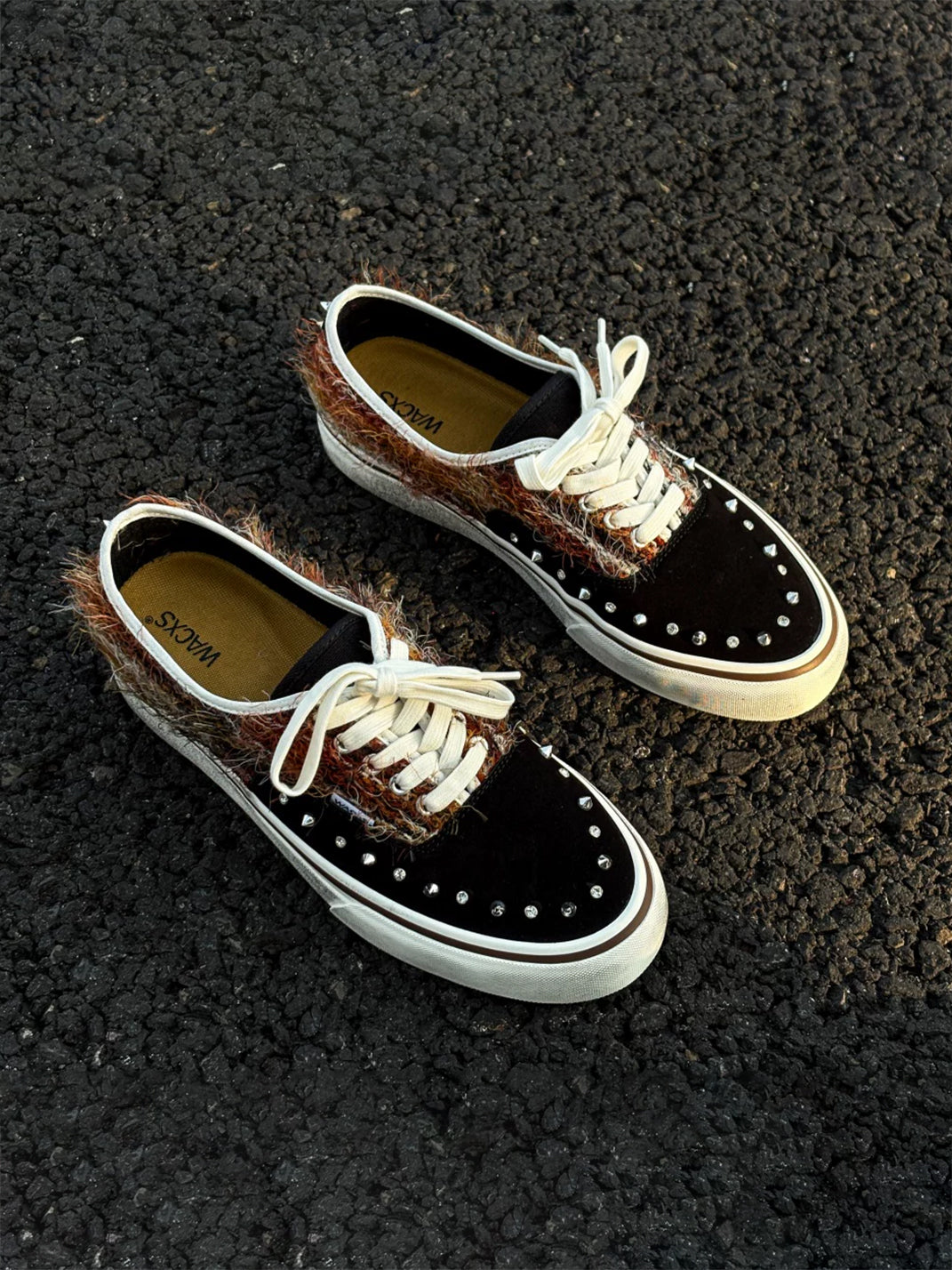 Black Mohair-Panel Studded Low-Top Sneakers