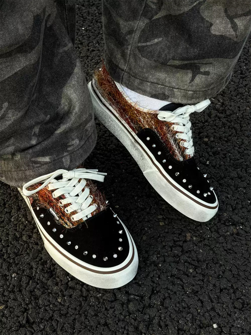 Black Mohair-Panel Studded Low-Top Sneakers - View 3