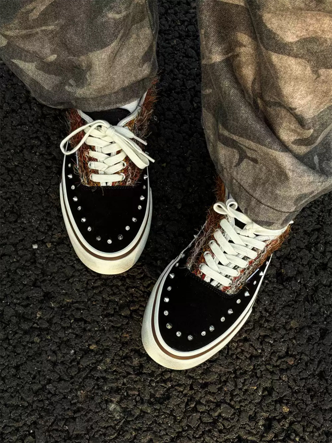 Black Mohair-Panel Studded Low-Top Sneakers - View 4