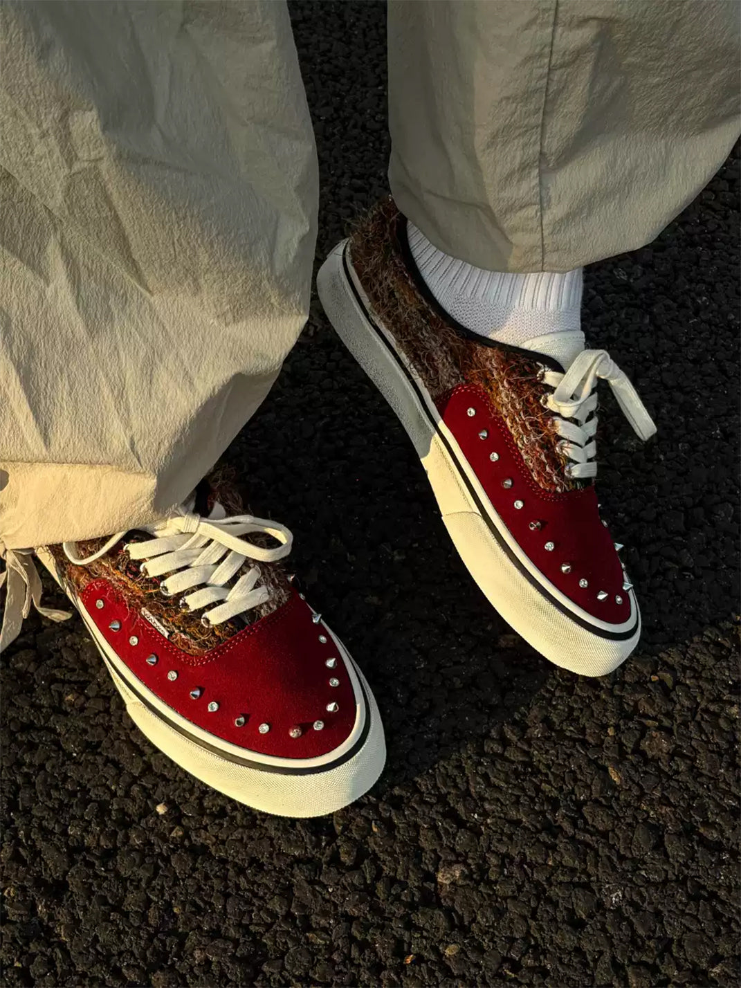 Reddish-Brown Studded Suede Low-Top Sneakers - View 2
