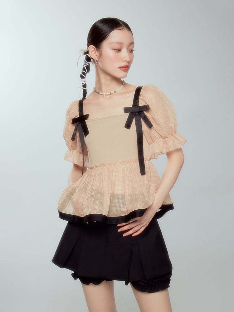 Sheer Peplum Candy-Sleeve Blouse - chiclara