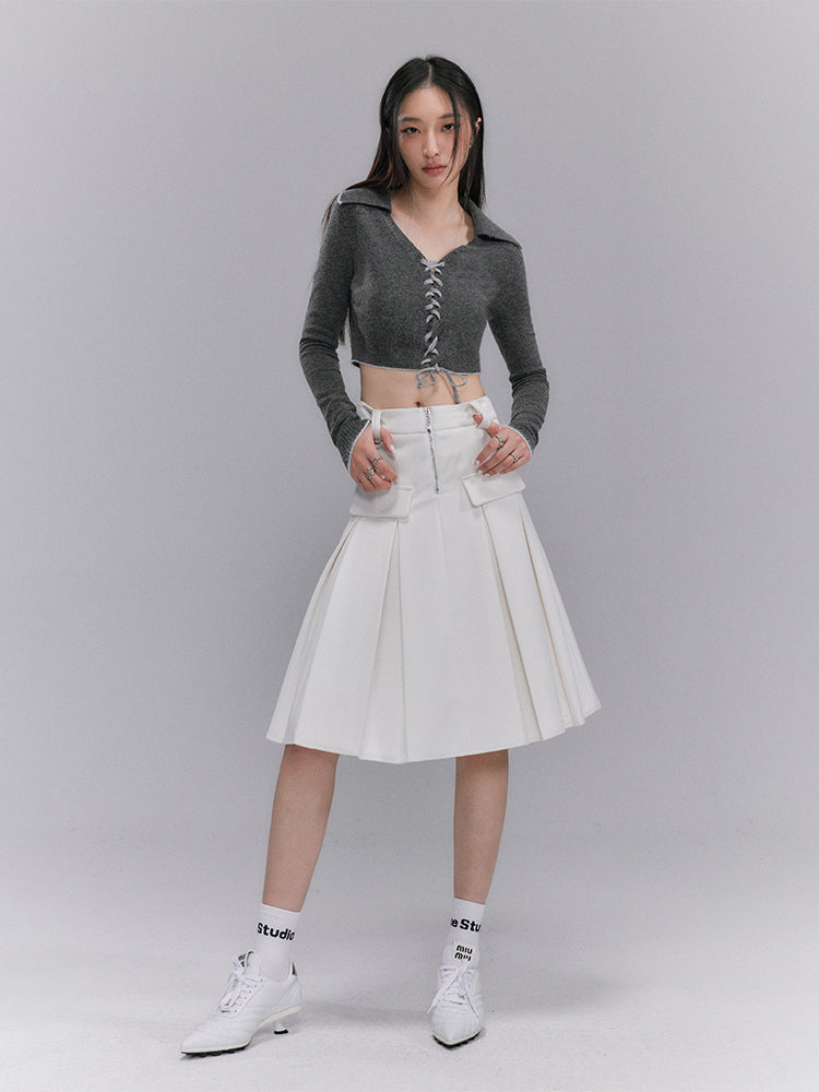 Retro Cropped Knit With Lace-Up V-Neck - chiclara