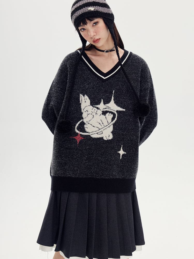 Loose Knit Animal Print V-Neck Sweater - chiclara