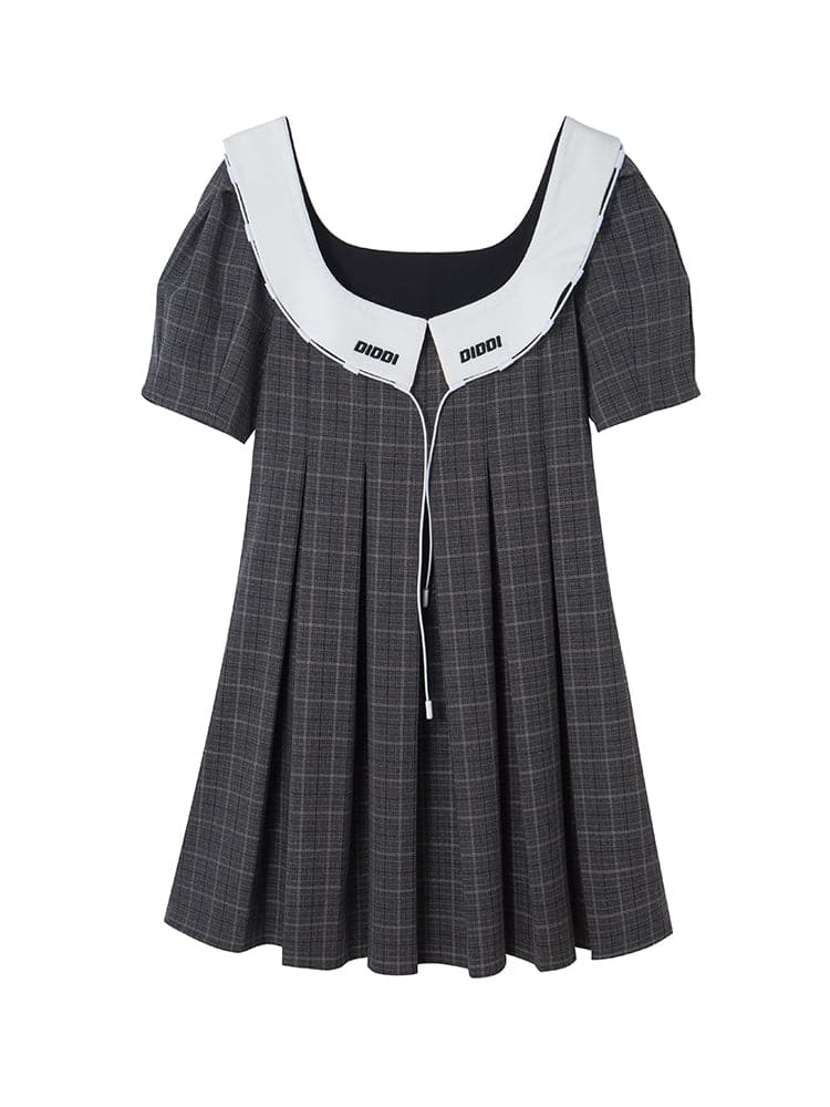 Flared Pleated Checked College Dress - chiclara