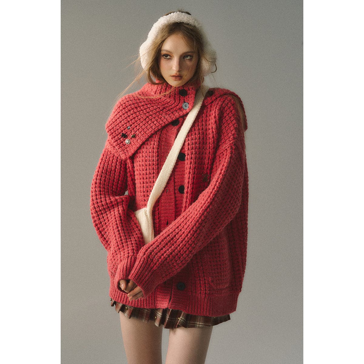 Red Waffle-Knit Cardigan - chiclara