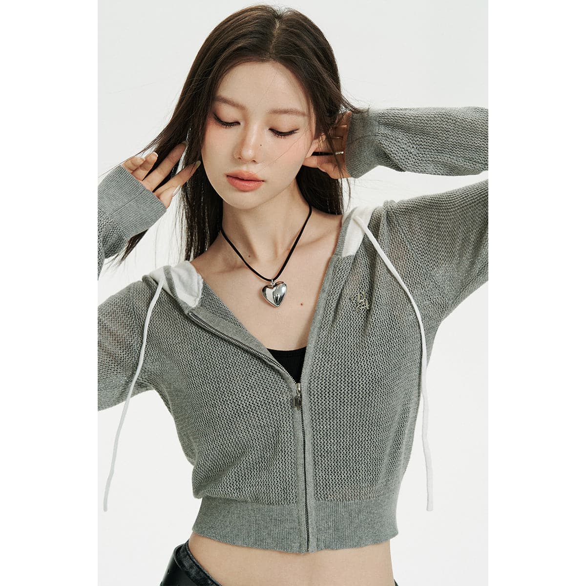 Grey Color Blocked Knit Short Zip Hoodie - chiclara