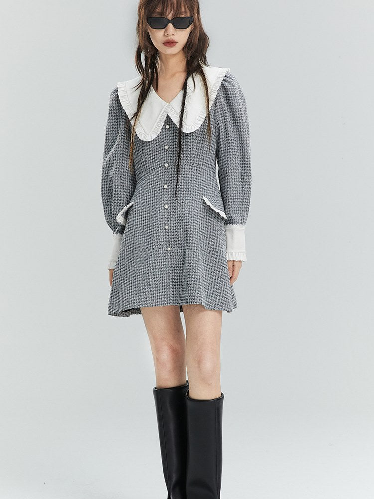 Frilled Plaid Big-Collar Dress - chiclara