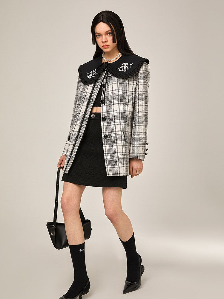 Embroidered Plaid Jacket - Collarless Design - chiclara