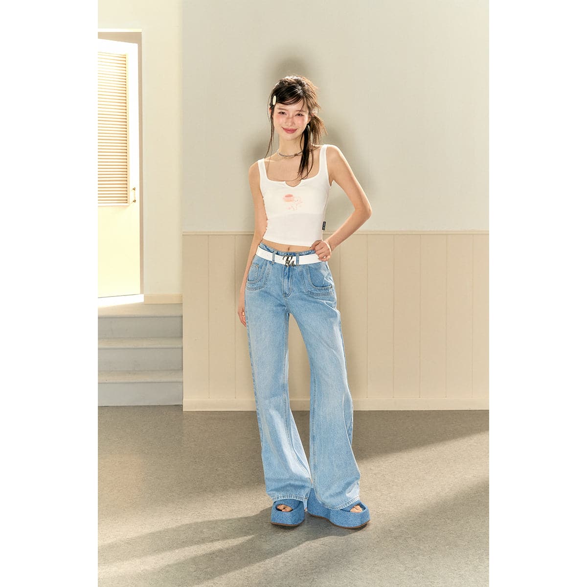 Light Blue 3D Denim Jeans With Big Pocket - chiclara