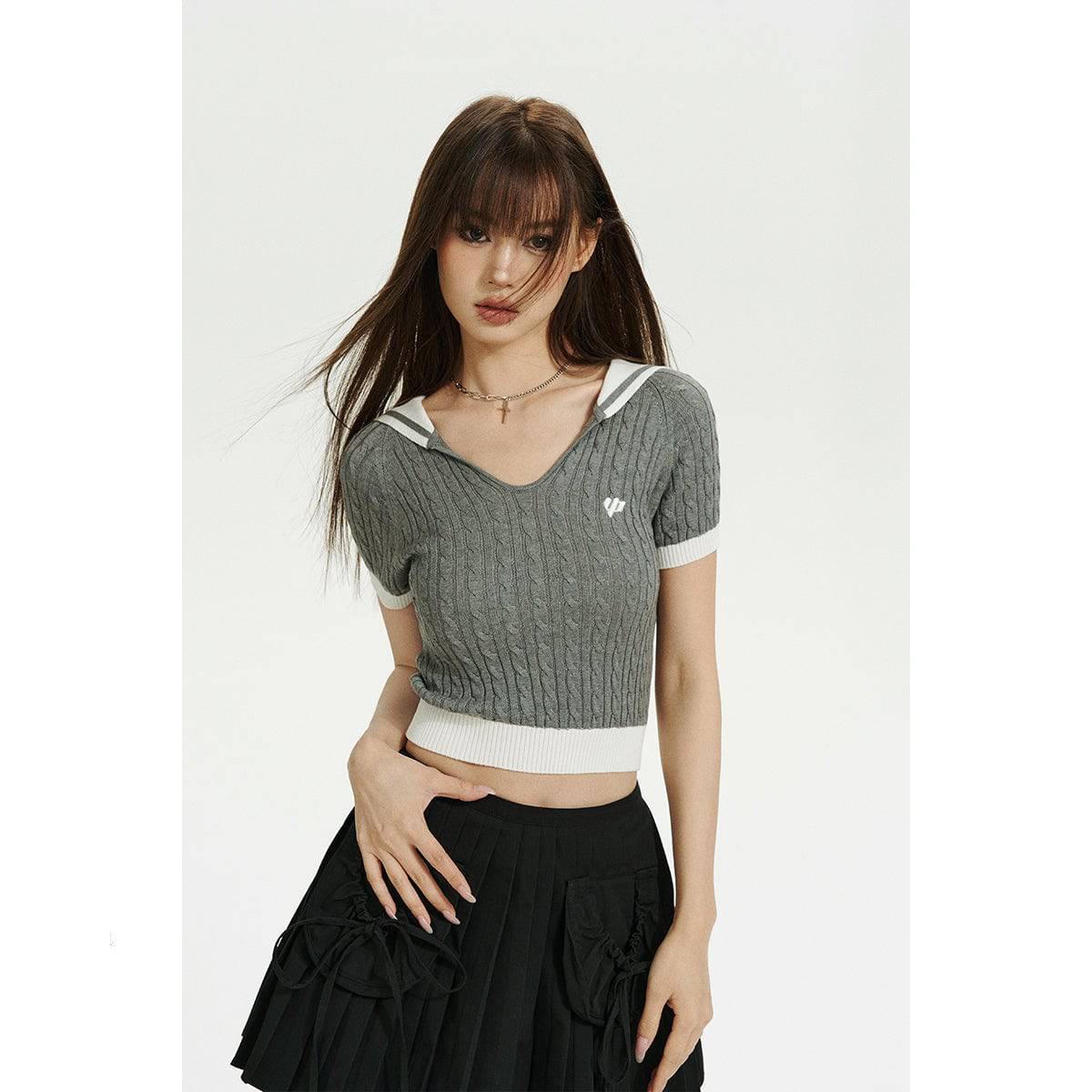 Grey Knit Crop Top With Embroidered Sailor Collar - chiclara