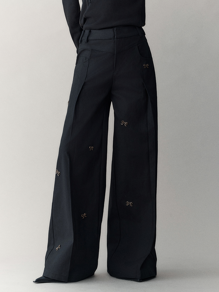 Elegant Metal Flare-Pants With Ribbon Charm - chiclara