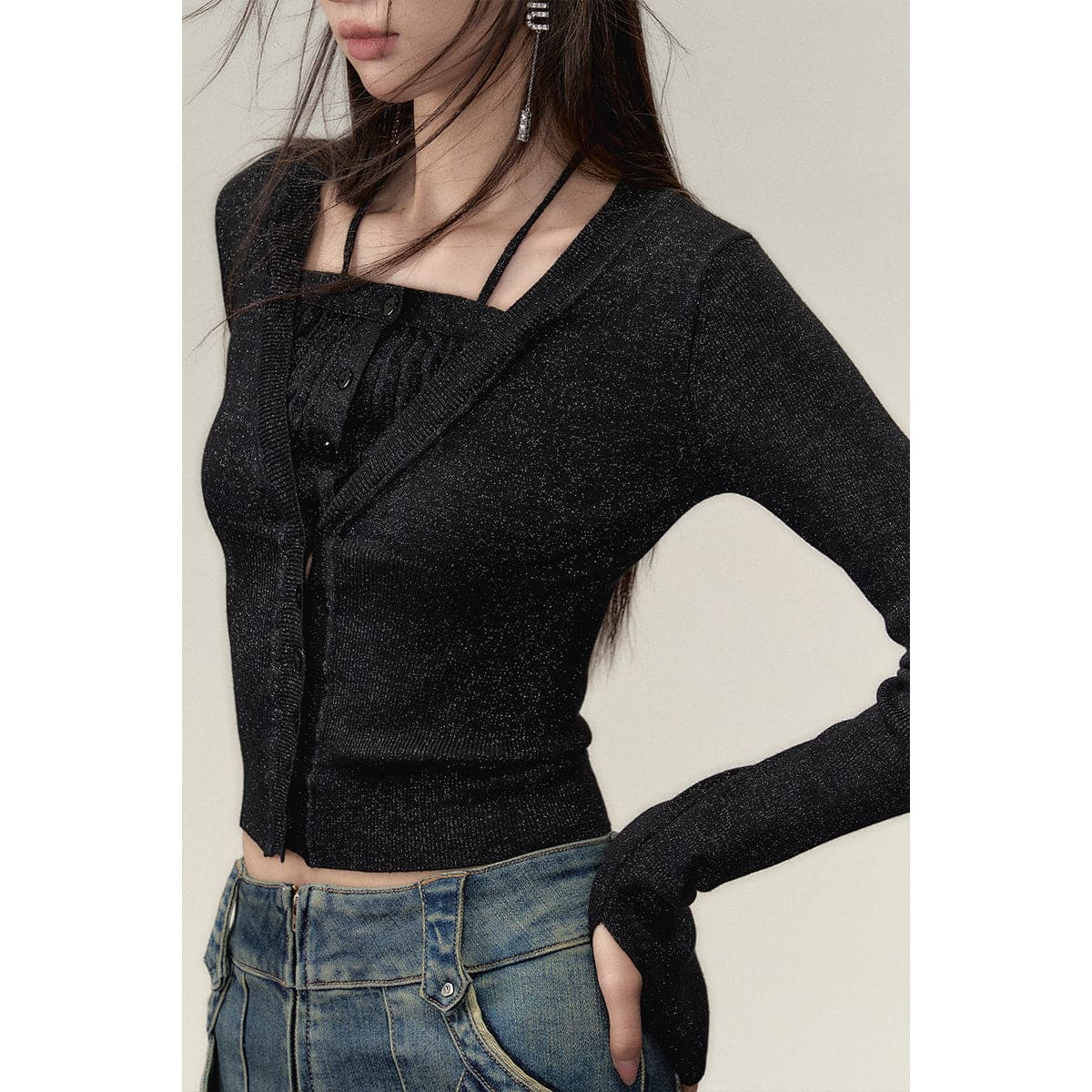 Elegant Black Knit Top With Faux Two-Piece Design - chiclara