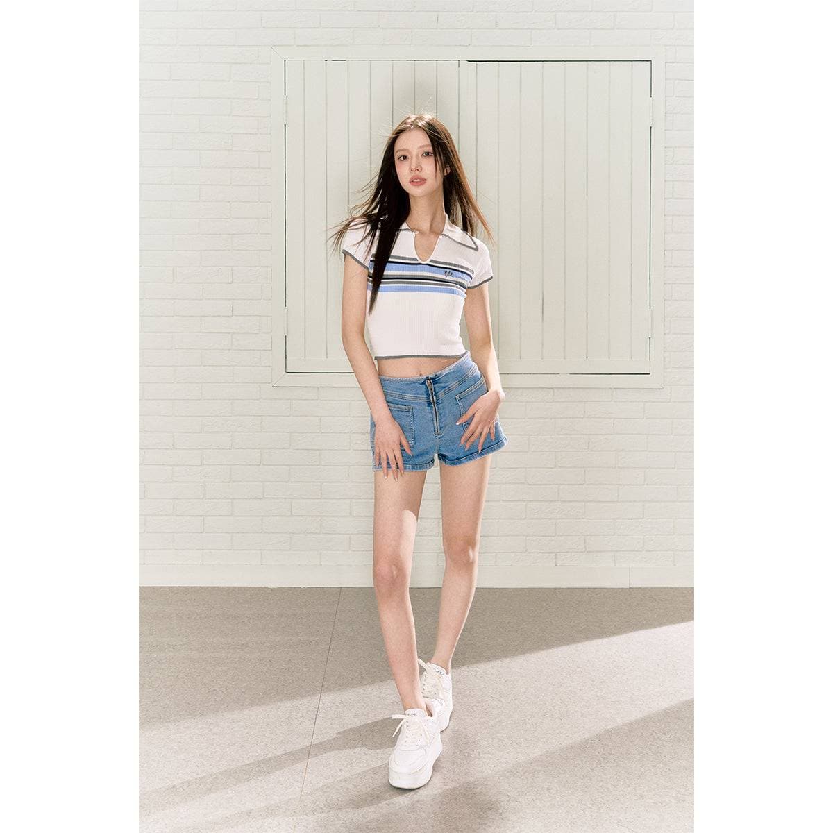 Striped Knit Crop Top - Color Blocked White - chiclara