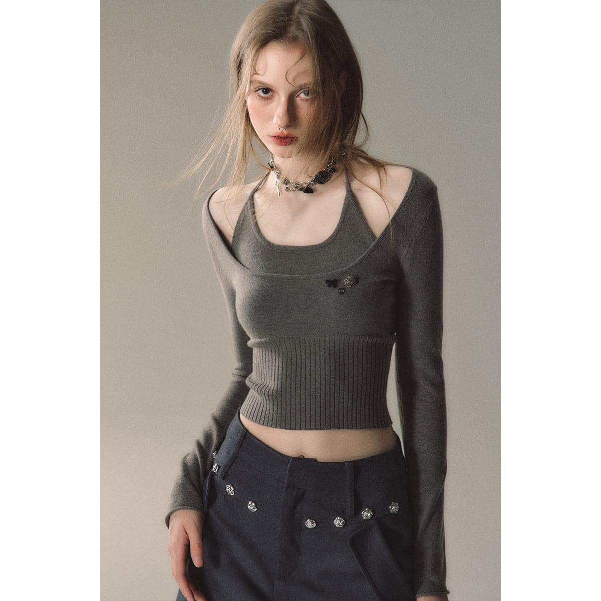 Dark Grey Knit Slim Top - Authentic 2-Piece Design - chiclara