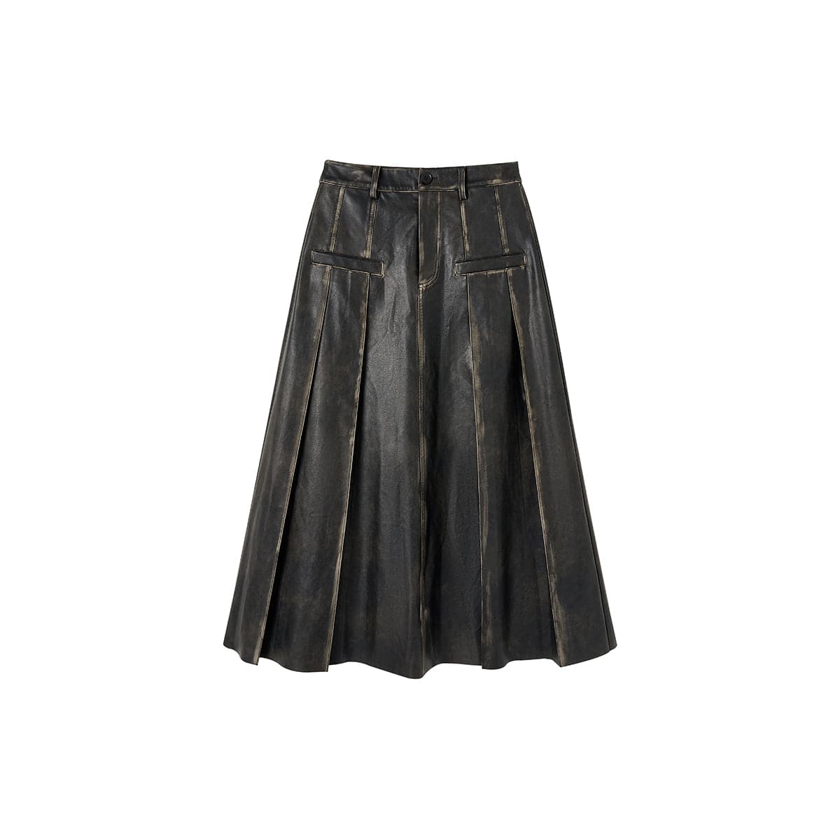 Black Leather Pleated Long Skirt - Brush-Off Elegance - chiclara