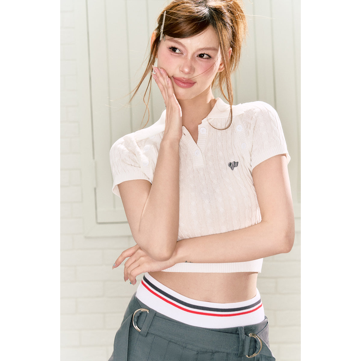 Embroidered Logo Knit Polo Top In White - chiclara
