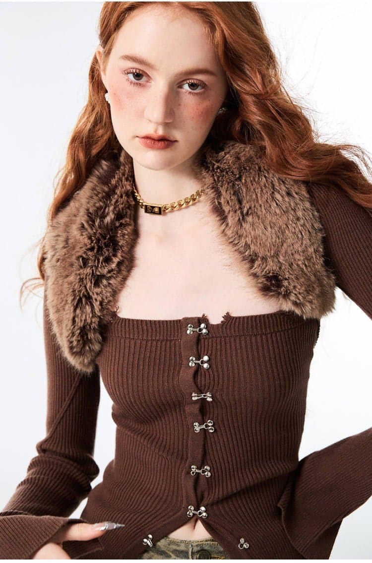 1Jinn Furry Collar Knitted Dress Set - chiclara