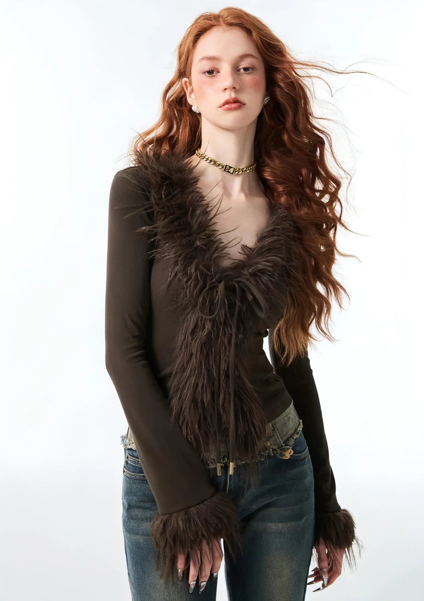 1Jinn Fuzzy Furry Collar Knitwear - chiclara