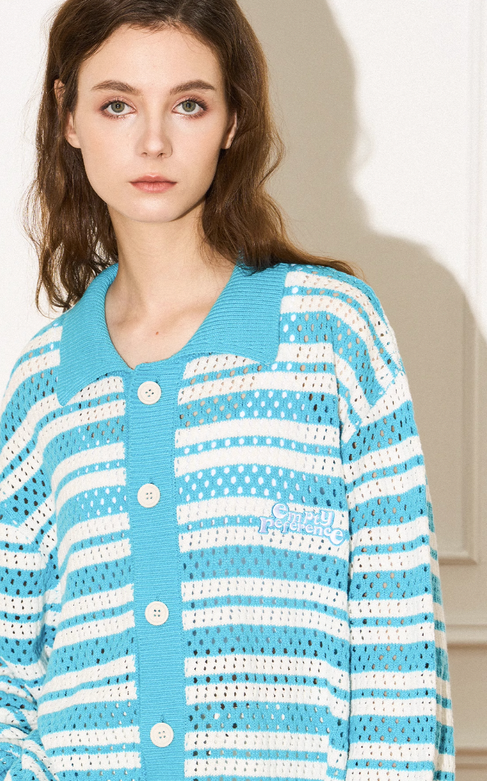 Striped Knit Embroidered Long Sleeve Shirt - chiclara