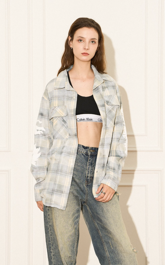 Plaid Raw Edge Bubble Print Shirt - chiclara