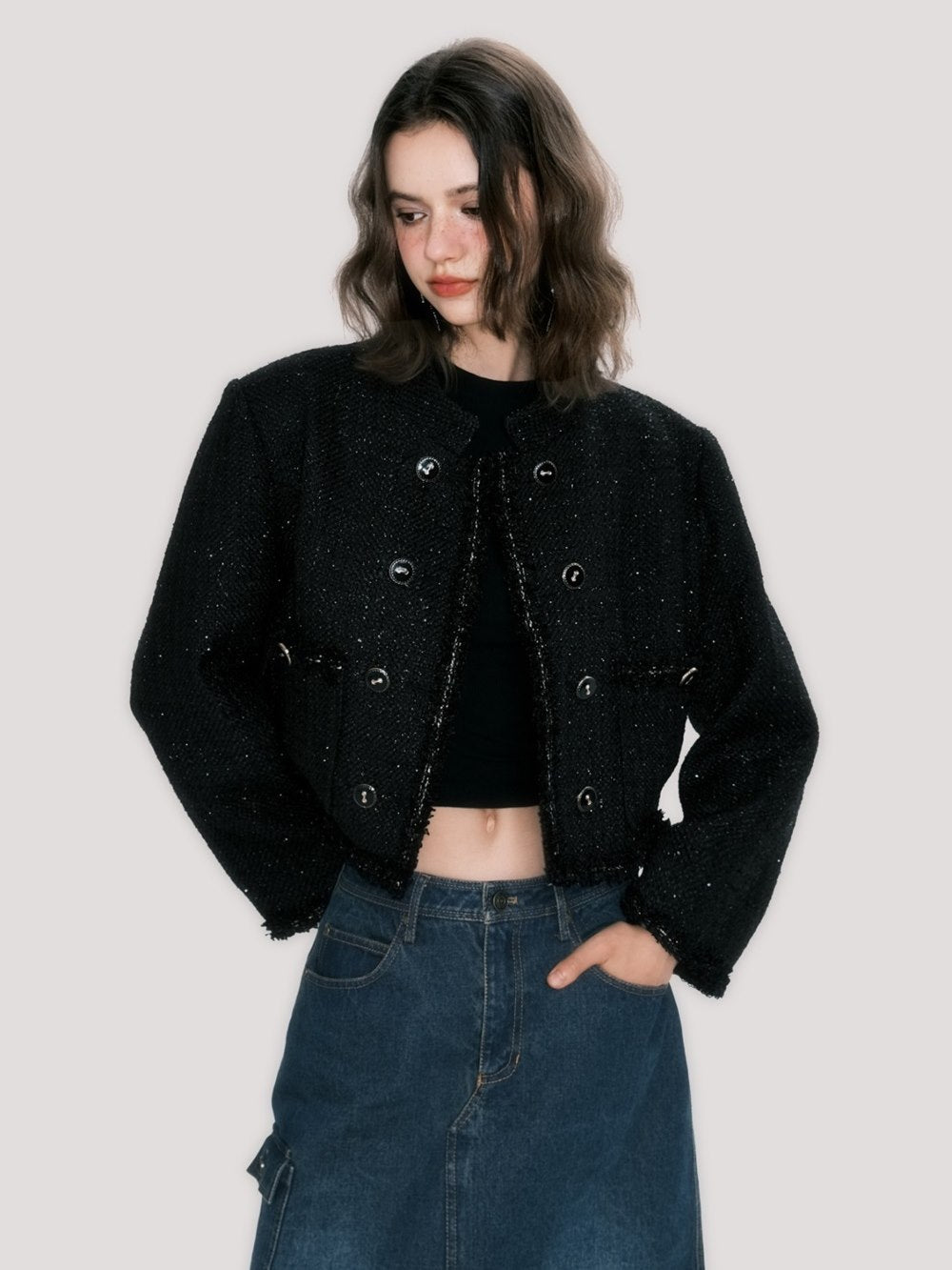 Starry Night Cropped Tweed Jacket - chiclara