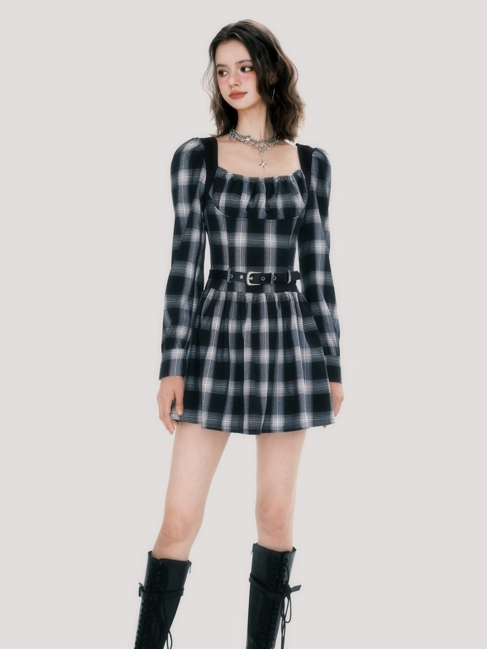 Retro Flare Plaid One-Piece - chiclara