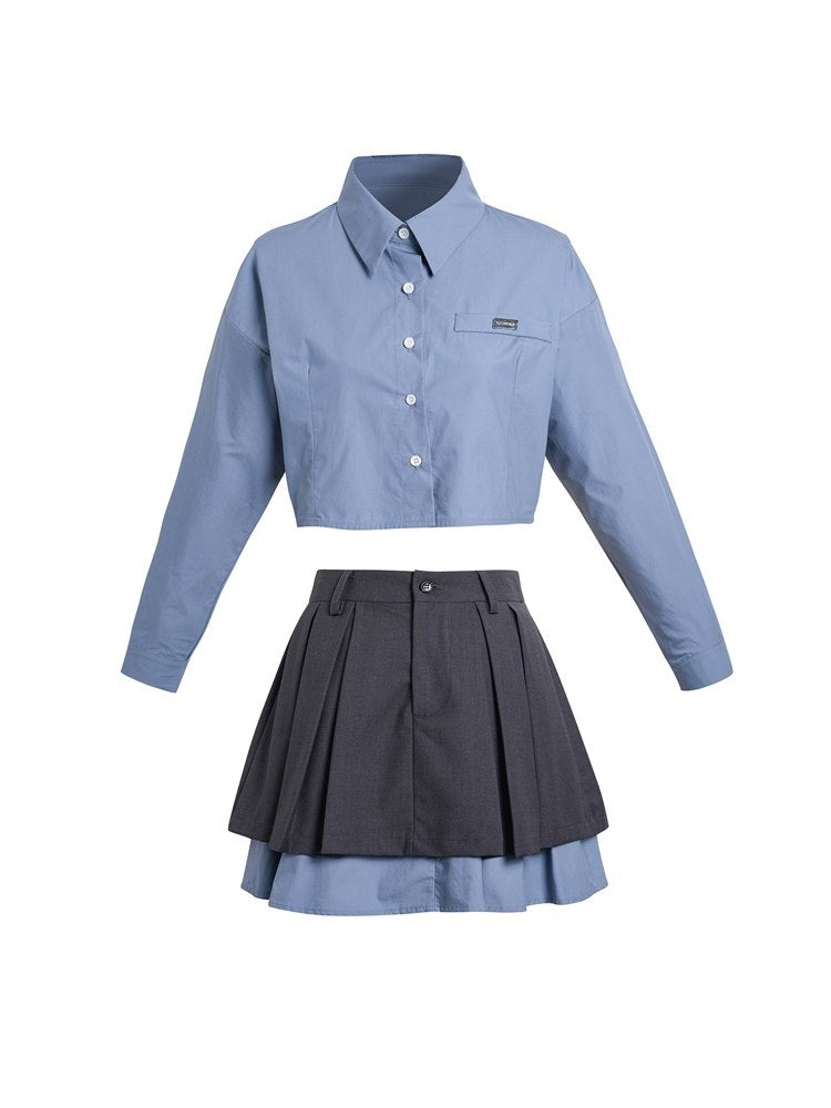Chic Scholar Cropped Shirt And Pleated Skirt Set - chiclara