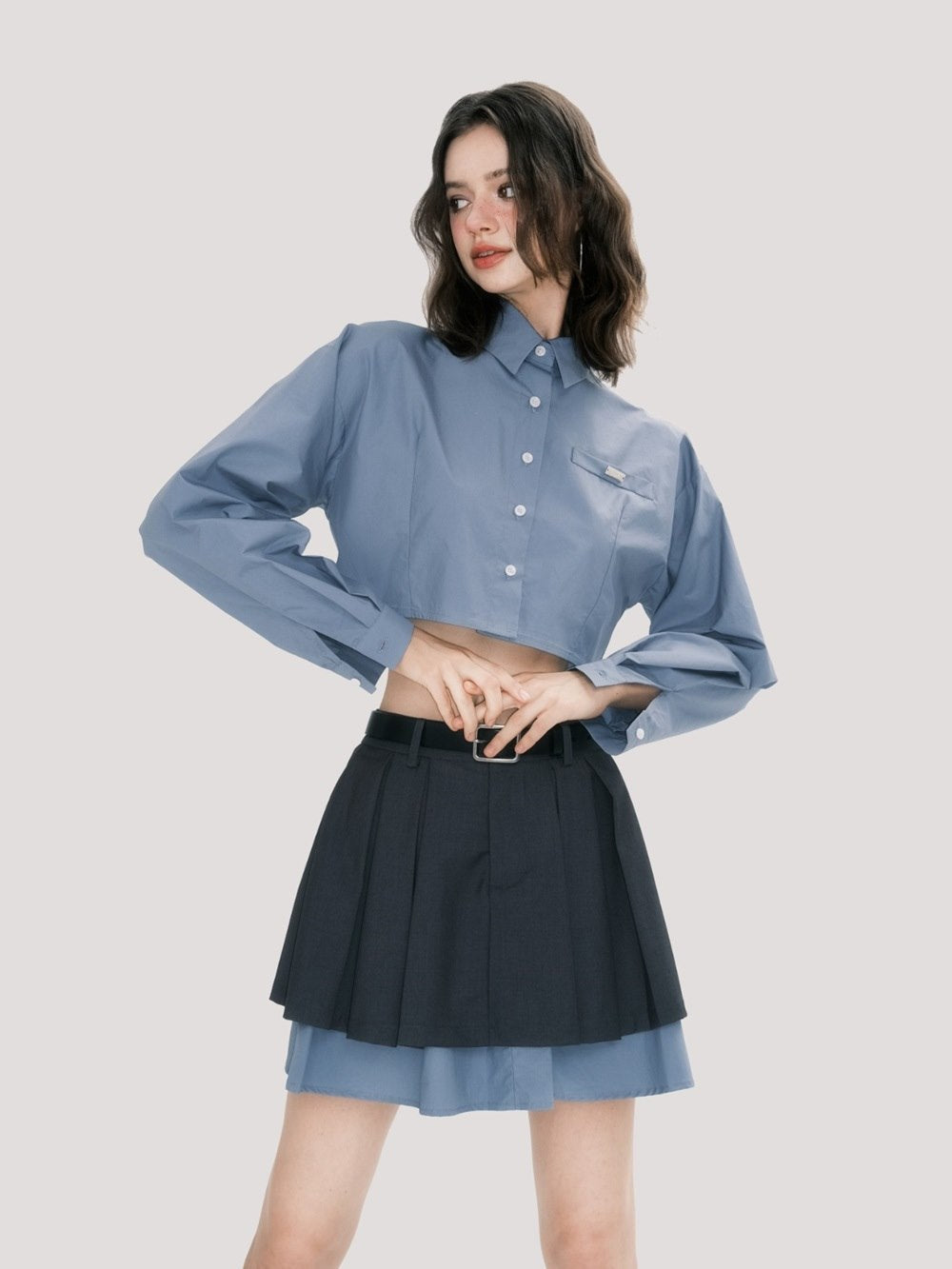 Chic Scholar Cropped Shirt And Pleated Skirt Set - chiclara