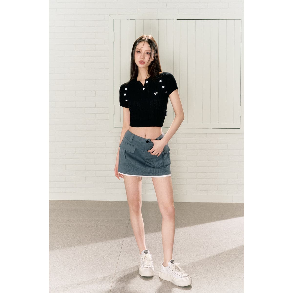 Black Knit Polo Top With Logo Embroidery - chiclara