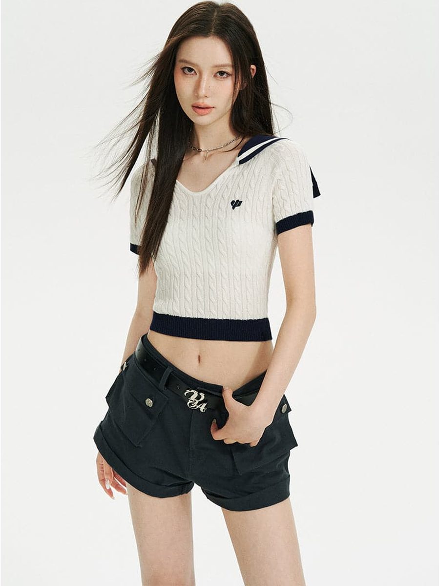 White Knit Crop Top With Embroidered Sailor Collar - chiclara