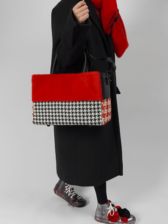 Plaid Shoulder Tote Bag - Square Handcrafted Design - chiclara