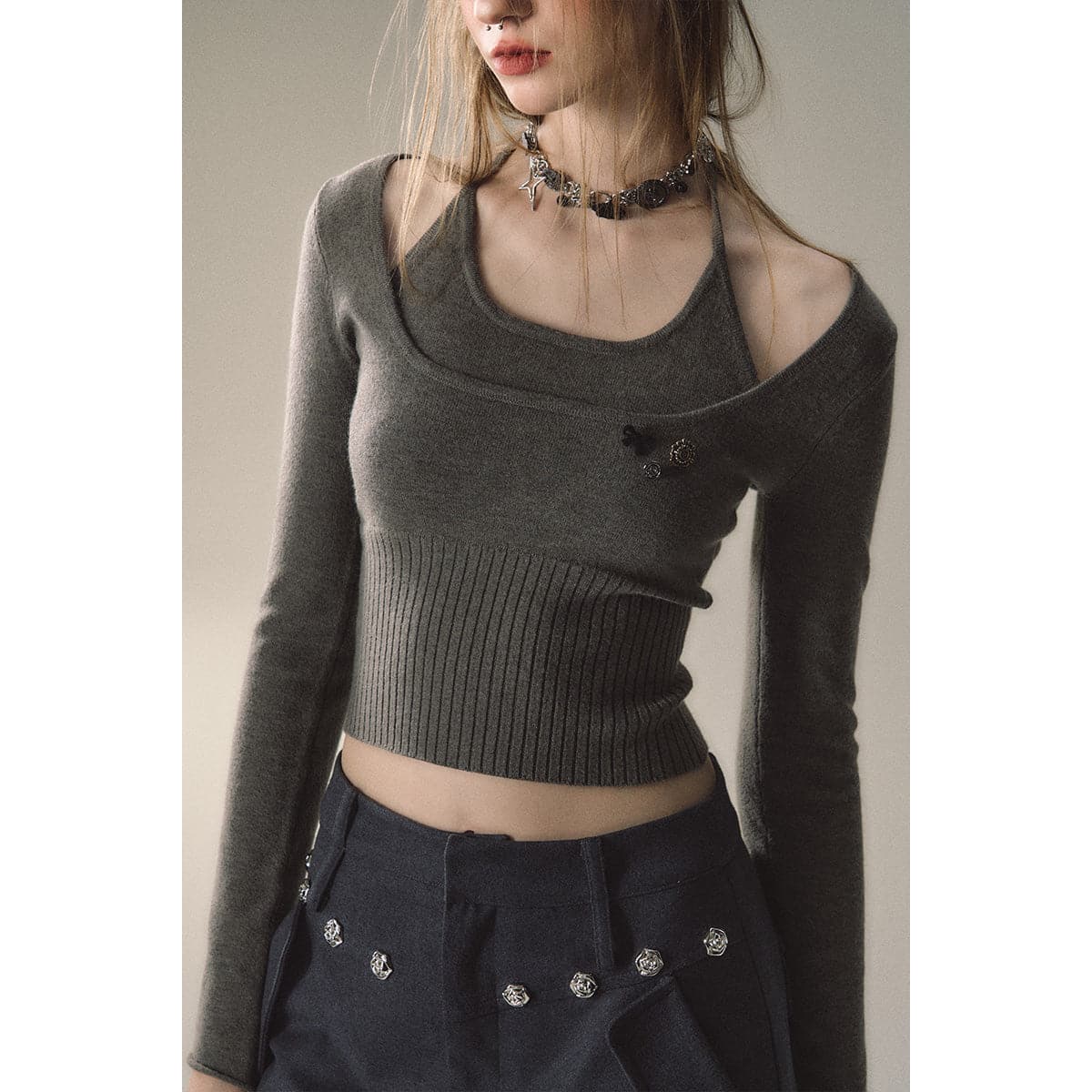 Dark Grey Knit Slim Top - Authentic 2-Piece Design - chiclara